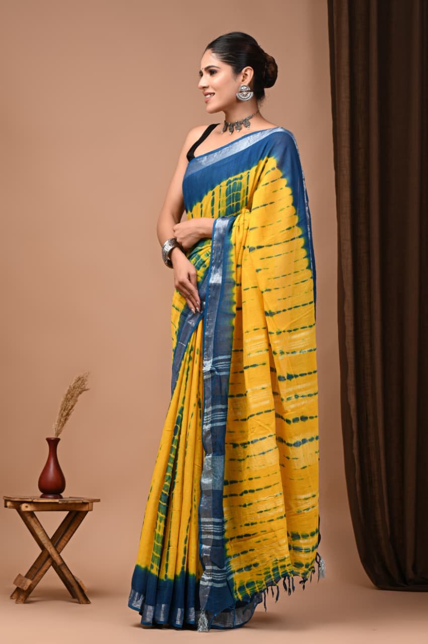 Hand Block Printed Linen Saree with Blouse